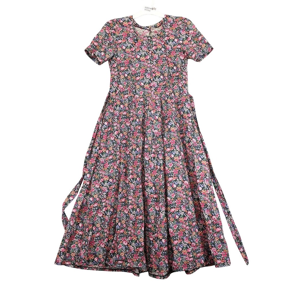 Handmade Pink Floral Midi Dress Sz S Tie‎ Waist Cottage Prairie Modest Tradwife